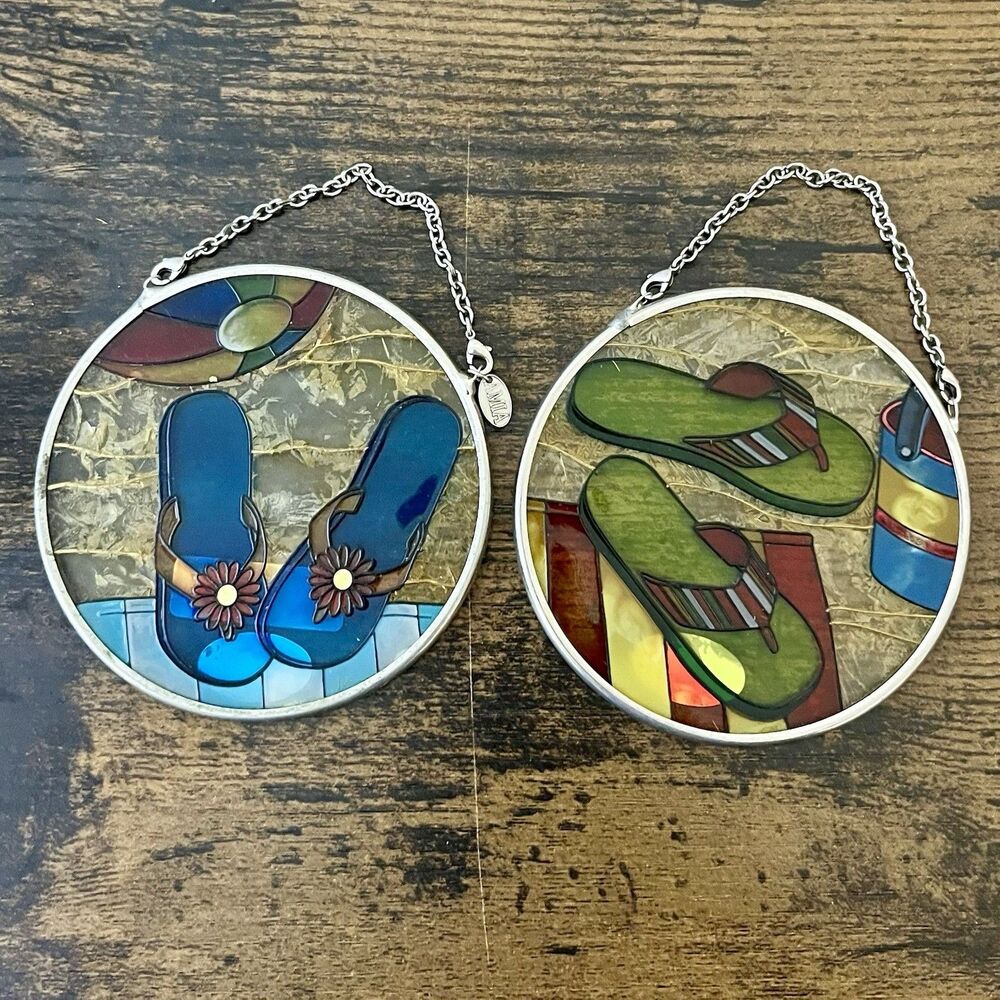 Set of 2 Amia Hand Painted Glass Flip Flop Beach Suncatchers 3.5” Hanging Decor